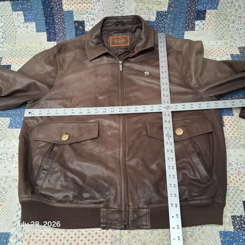 Tasso Elba Mens XL Brown Leather Bomber Jacket Full Zip Ribbed Waist Y2K Lined